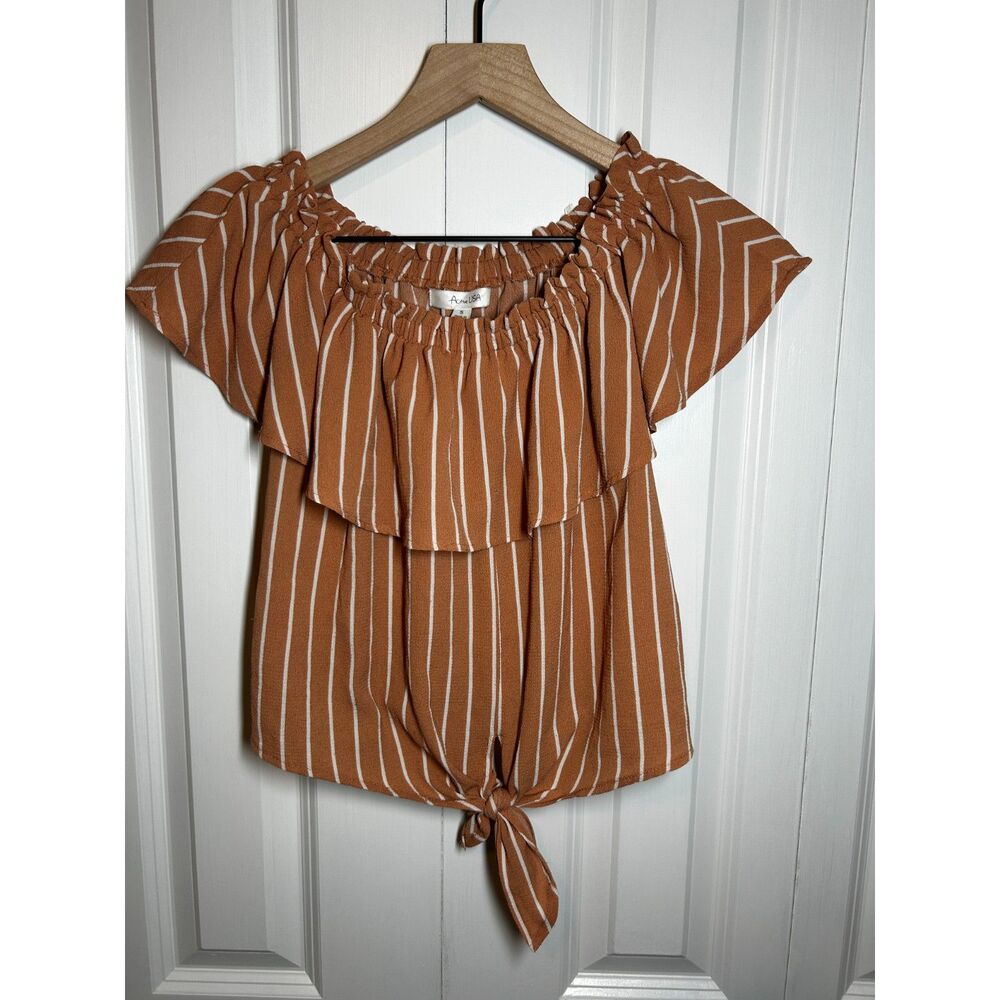 Active USA Striped Off the Shoulder Tie Front Blouse Rust Brown S
